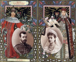 Herinnering aan het bezoek aan Frankrijk van de Russische heersers Nicolaas II (1868-1918) en Tsarina Alexandra (Alice van Hessen) Feodorovna in 1896. Chromolithografie uit de late 19e eeuw.
