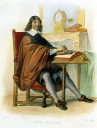 René Descartes schrijvend - in Ed. Mennechet, "Le Plutarque francais"