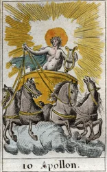 Voorstelling van Apollo, god van zang, muziek en poëzie, op zijn wagen (Apollo, god van licht, muziek en poëzie). Uit ‘Mythologie van de jeugd’ van Pierre Blanchard, 1803.