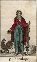 Voorstelling van Asclepios, god van de geneeskunde; hij houdt een staf van Asclepios in zijn hand, een pelgrimsstaf waaromheen een slang is gewikkeld, symbool van kennis (De god van de geneeskunde, Asclepius, ook Asclepios of Aesculapius genoemd, met een