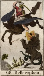 Voorstelling van Bellerophon, rijdend op Pegasus, die de Chimera doodt. Uit 
