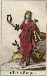 Voorstelling van Calliope, muze van de epische poëzie, zij houdt in haar hand een kroon en de trompet van het epos. Voorstelling van Calliope, muze van de heldendichtkunst. Uit 