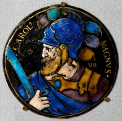 Voorstelling van Karel de Grote (742 - 814), koning van Frankrijk. Medaillon in email uit Limoges uit de 16e eeuw