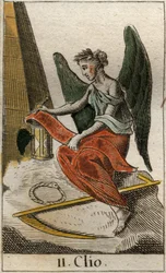 Voorstelling van Clio, muze van de Geschiedenis, als jong meisje met een lauwerkrans, dat in haar hand een papyrusrol houdt om historische feiten vast te leggen (Clio of Kleio, muze van de Geschiedenis, met lauwerkrans en een perkamentrol in de hand). Uit