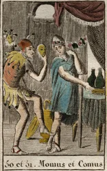 Voorstelling van Comus, god van fijnproevers en keuken, hij presideert feesten, leunt op een staak met een fakkel en Momos, personificatie van spot en sarcasme, hij wordt afgebeeld als een hofnar. Uit 