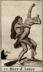 Voorstelling van Hercules die Ante, koning van Libië, verslaat (Heracles (Hercules) doodt Antaeus met een berenknuffel). Uit 