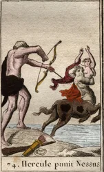Voorstelling van Hercules die een vergiftigde pijl afschiet op de centaur Nessus (Nessos), die zijn vrouw Dejanira ontvoert. Hercules (Herakles) schoot een vergiftigde pijl op de centaur Nessus, die Deianira probeert te ontvoeren. Uit 