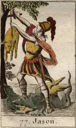 Voorstelling van Jason, die het Gulden Vlies terughaalt, na de slapende draak te hebben overwonnen die het Vlies bewaakte. Uit 