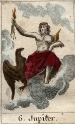 Voorstelling van Jupiter (of Jove), koning der goden en god van de hemel en de donder. Uit «Mythologie van de jeugd» van Pierre Blanchard, 1803.
