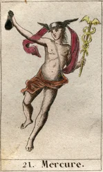 Voorstelling van Mercurius, god van handel, reizen en boodschapper van de andere goden. Hij houdt een caduceus vast en draagt een petasos. Uit 