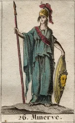 Voorstelling van Minerva, godin van de kunsten, de oorlog en de wetenschap. Zij draagt een harnas. (Minerva, godin van de oorlog, de wetenschappen en de kunsten, afgebeeld met een harnas). Uit «Mythologie van de jeugd» van Pierre Blanchard 1803.