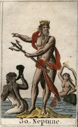 Voorstelling van Neptunus, god van de zeeën, die een drietand vasthoudt. De zeegod Neptunus houdt een drietand vast. Uit 