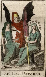 Voorstelling van de Parcae, Clotho, Lachesis en Atropos, godinnen van het menselijk lot, van geboorte tot dood, als zeer oude vrouwen die spinnen. Uit 
