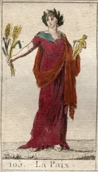 Voorstelling van Vrede, als een vrouw gekroond met laurier, die een schoven vasthoudt. Uit 