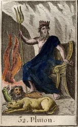 Afbeelding van Pluto, god van de Onderwereld, met aan zijn voeten Cerberus, de hond met drie koppen en bewaker van de Onderwereld. (Pluto, god van de hel met Cerberus, de hond met drie koppen). Uit „Mythologie van de jeugd” van Pierre Blanchard, 1803.