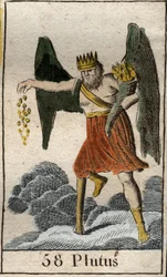 Voorstelling van Plutus (Ploutos), god van de rijkdom: Hij is gekroond en blind en werpt geschenken willekeurig rond. Uit „Mythologie van de jeugd” van Pierre Blanchard, 1803.