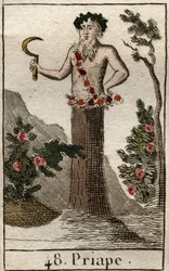 Voorstelling van Priapus, god van losbandigheid en vruchtbaarheid, vaak afgebeeld met een reusachtige erecte penis, met een sikkel in zijn hand. Uit “Mythologie”