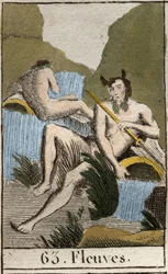 Voorstelling van rivieren, oude mannen met natte baard en haar, zittend bij een omgevallen urn. Uit 