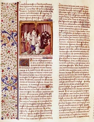 Voorstelling van Sint Bernardus van Clairvaux (San Bernardo di Chiaravalle) (1090-1153) als kind. Hij staat in het midden van de afbeelding, een aureool boven zijn hoofd. Miniatuur in 