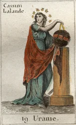 Voorstelling van Urania, muze van de astronomie en astrologie, zij houdt een globe en een passer vast. Uit «Mythologie van de jeugd» van Pierre Blanchard, 1803.
