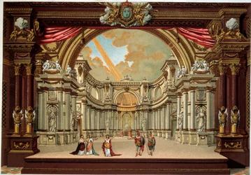 Voorstelling van een toneelstuk door Jean Baptiste Poquelin genaamd Moliere (1622-1673) in het theater van het kasteel van Versailles. Lithografie uit de 19e eeuw. Decoratieve Kunsten, Parijs