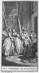 Weergave van een scène uit het stuk "Les femmes savantes" (1672) door Jean Baptiste Poquelin, bekend als Molière (1622-1673). Gravure uit 1740.