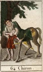 Voorstelling van de centaur Chiron, half mens half paard, meester in de boogschietkunst, die deze kunst aan Achilles onderwijst. Uit «Mythologie van»