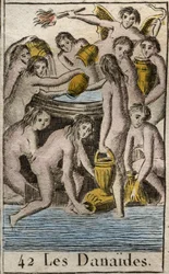 Voorstelling van de Danaïden, dochters van koning Danaos, veroordeeld tot de onderwereld, eindeloos een bodemloos vat vullen, voor het doden van hun neven en echtgenoten. Uit 