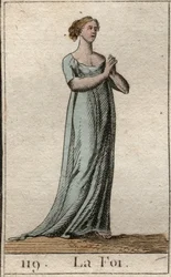 Voorstelling van het Geloof, vrouw gekleed in het wit met gevouwen handen. Uit 