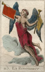 Afbeelding van de Roem, boodschapper van Jupiter, in de vorm van een gevleugelde vrouw met twee trompetten om goed en slecht nieuws aan te kondigen. Uit “Mythologie de la jeunesse” door Pierre Blanchard 1803.