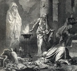 Voorstelling van de heks van Endor (of Pythonisse van Endor), een Kanaänitisch dorp dat wordt vermeld in het eerste boek Samuel (Bijbel), die een talisman bezit waarmee zij op verzoek van Saul, koning van Israël, de geest van de onlangs overleden profeet