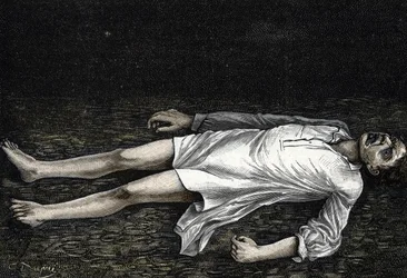 Weergave van de houding van een man tijdens een aanval van grote epileptische crisis (gravure)