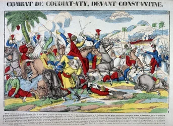Weergave van de slag bij Coudiat Aty, voor Constantine, die leidde tot de verovering van Constantine op 13 oktober 1837. Afbeelding van Epinal
