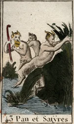 Afbeelding van de landgod Pan en saters. Hij heeft harige dijen, geitenpoten en speelt fluit (Syrinx) met meerdere pijpen. Uit 