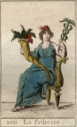 Voorstelling van de godheid Felicitas, of Eudaimonia, met in de ene hand een caduceus en in de andere een hoorn des overvloeds. Voorstelling van Geluk als vrouw met een caduceus en een cornucopia. Uit ”Mythologie van de jeugd” van Pierre Blancha