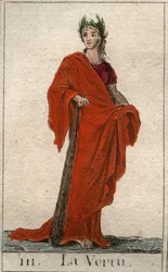 Voorstelling van de godin van Deugd, een jonge vrouw met een oprecht gezicht. Uit 