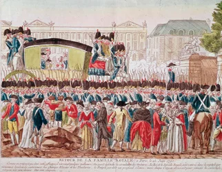 Terugkeer van de Franse koninklijke familie naar Parijs, 25 juni 1791, de groep steekt de Place de la Concorde over (gravure)