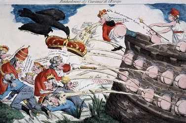 Door Marianne geleide revolutionairen bombarderen Europese vorsten met hun stront. Spotprent gepubliceerd tijdens de Franse Revolutie. Ets. 1792. Musée Carnavalet