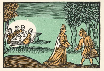 Riquet met de kuif, uit Histories or Tales of Past Times verteld door Moeder de Gans, met moraal, door M Perrault, pub. 1925 (handgekleurde houtsnede)