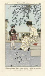 Jurk van witte crêpe met gele stippen - meisjesjurk in kersenrood en groen Schots ruitpatroon, uit Costumes Parisiens, gepubliceerd in 1913