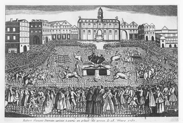 Robert-François Damiens geëxecuteerd op de Place de Grève, Parijs, 28 maart 1757