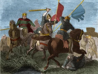 Robert I van Frankrijk, gekroond tot koning van de Franken, gedood door een soldaat van Karel III: Gravure in "Histoire de France populaire" door Henri Martin. 19e eeuw.
