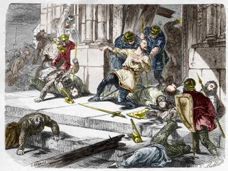 Robert de Sterke, hertog van Frankrijk, tijdens de Slag bij Brissarthe, in 866, tegen een leger van Bretons en Vikingen. Gravure in "Histoire De France En Cent Peintures" door Paul Lehugeur, 1891