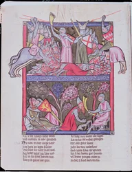 Roland blaast de hoorn bij Roncevaux, illustratie uit Le Chanson de Roland, kopie van een origineel manuscript bewaard in Saint-Gall in Zwitserland