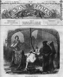 Romanfeuilleton: „Notre-Dame de Paris” van Victor Hugo (1802-1885). Ondervraging en marteling van Esmeralda. Gravure in „Les bons romans”