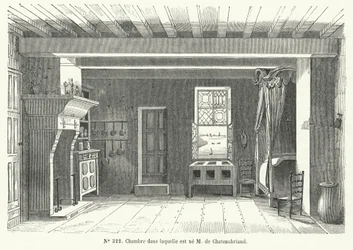 Kamer in het Hotel de France in St Malo, Bretagne, waar de Franse schrijver en politicus Francois-Rene de Chateaubriand werd geboren