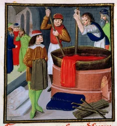 Stoffen verven, uit Des Proprietes des Choses door Bartholomeus Anglicus