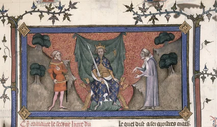 Koning Karel V (1337-80) van Frankrijk op de troon met kroon, zwaard en scepter tussen een ridder en een klerk