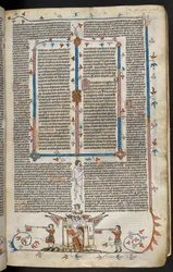 Bas-de-page scène van een ridder die uit een kasteel komt, c.1300-40