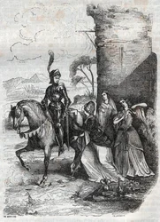 Ruggiero en drie nimfen van het hof van Alcina - gravure uit 1851 van het gedicht Orlando furioso